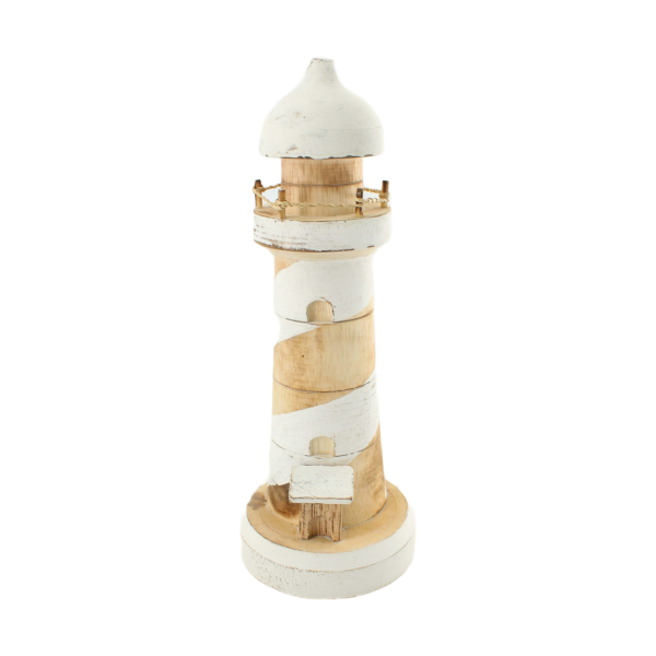 Maritimer Leuchtturm aus Albizia Holz Klein H = 28 cm in Natur/ Weiß