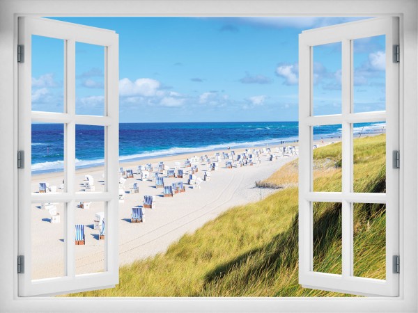 Outdoorposter Fensterblick Strand mit Strandkörben 80 x 60 cm