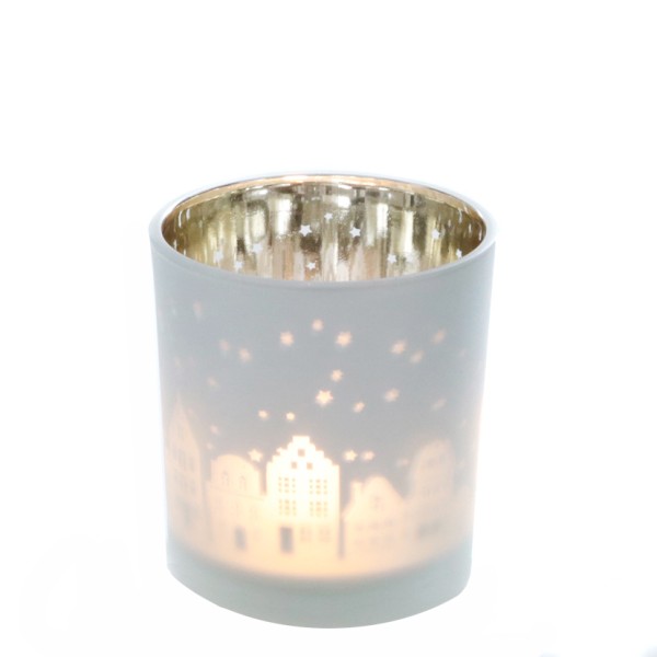 Teelichtglas "Häuser" matt-weiß/innen champagner-gold klein