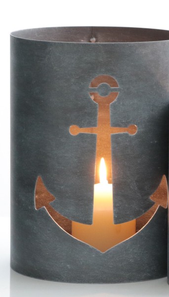 Maritimes Windlicht grau"Anker" rund aus Metall H27cm