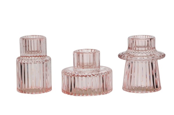 Kerzenhalter geriffeltes Glas rosa in verschiedenen Formen