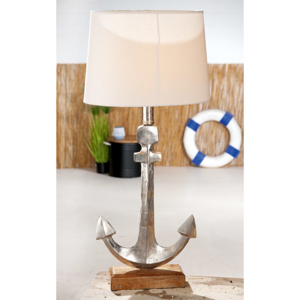 Maritime Lampe Alu-Anker auf Mangoholzsockel mit weißem Schirm